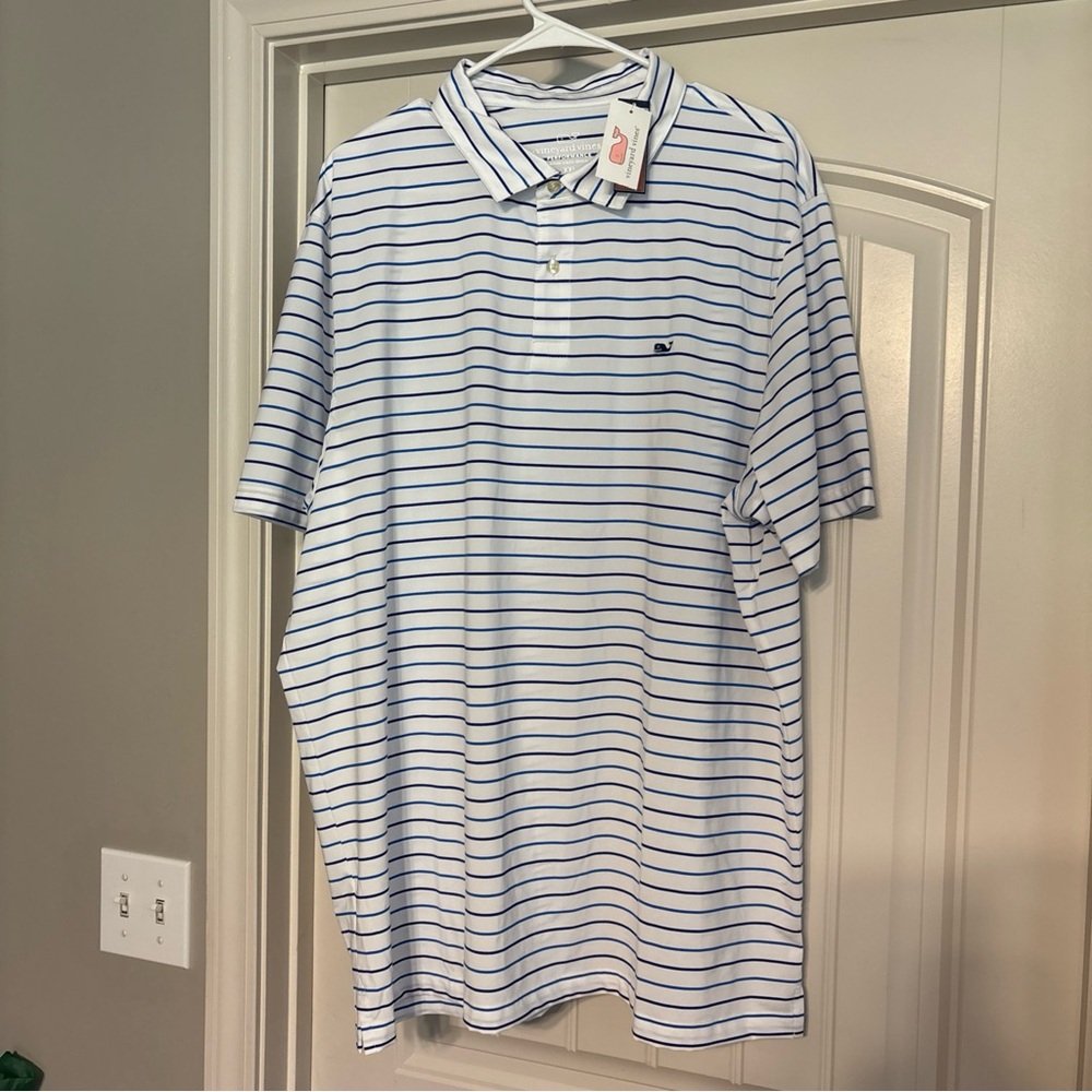 Vineyard Vines Performance Polo Mens 2XL Tri-Color Stripe Maritime Blue NWT